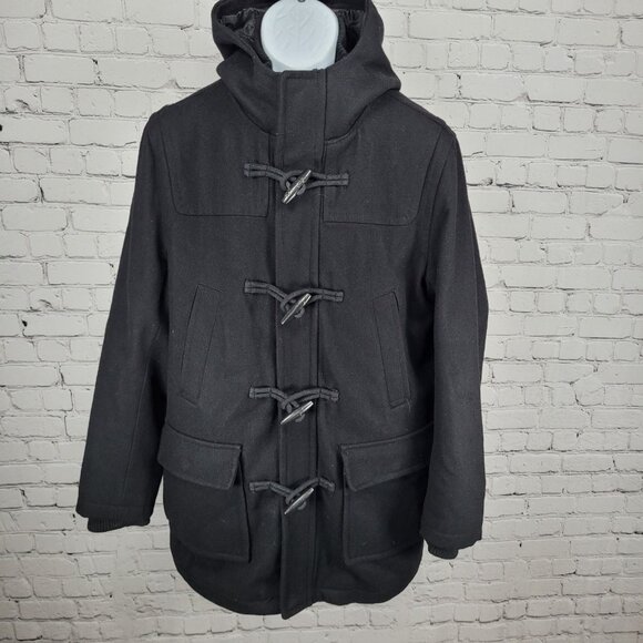 Dockers Black Wool Blend Insulated Hooded Knit Collar Toggle Zip Coat Medium M - Picture 1 of 15